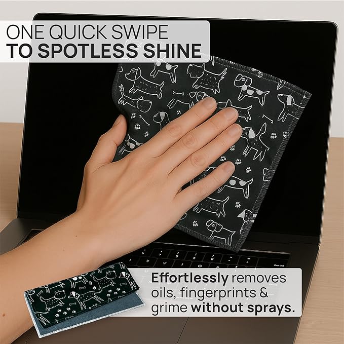 Quick Cloth Microfiber Glasses Cleaning Cloths – 8x8, Dogs, 1 Pack with Case | Double-Sided Lens Cleaner for Eyeglasses, Camera, Screens & Glass | Reusable Microfiber Glass Polishing Cloths
