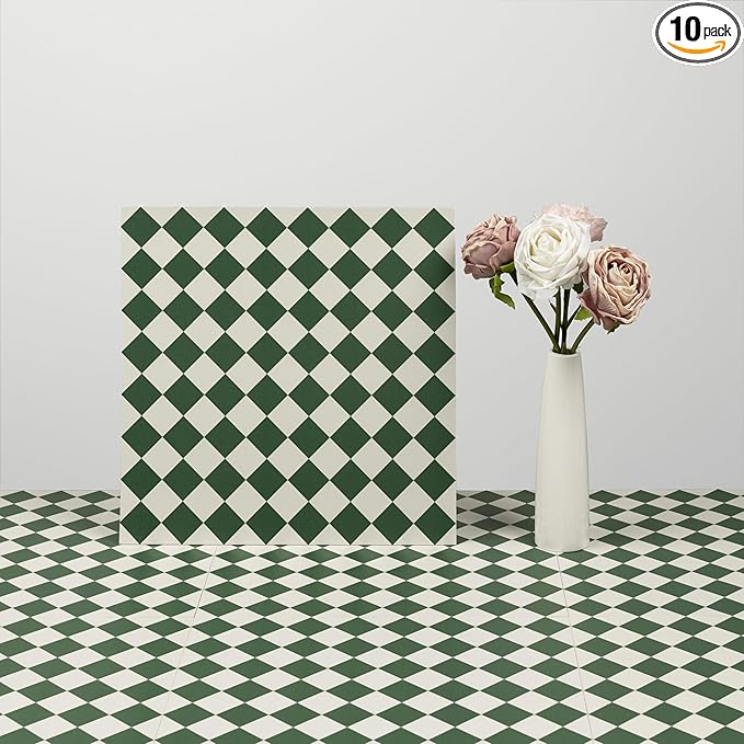 Elffloor Peel and Stick Floor Tile: 10pc 11.8 * 11.8in Self-Adhesive Waterproof Vinyl Flooring Green and White Tiles Sticker for Bathroom, Kitchen, Bedroom, Living Room