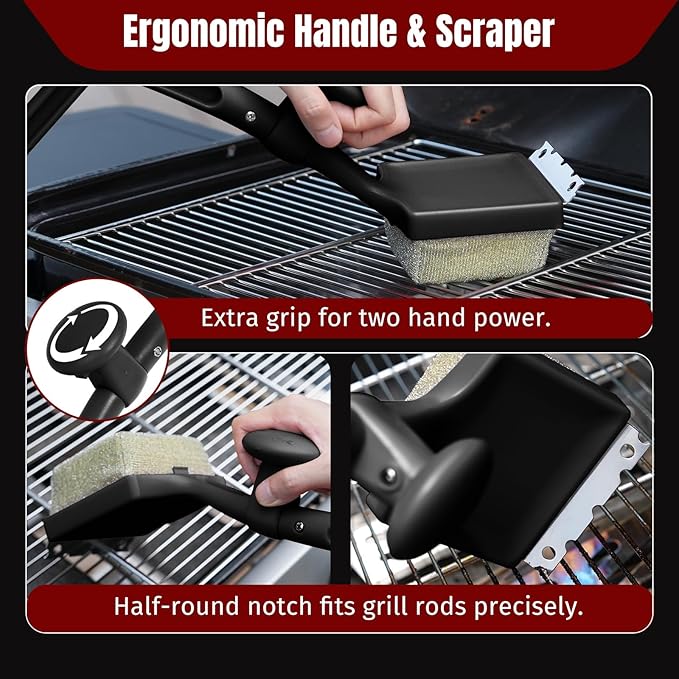 Bristle Free Grill Brush with Steam Cleaning with Replaceable Aramid Fiber Head - Heat Resistant to 600°F, Built-in Scraper for Cast Iron, Stainless Steel, Gas, Charcoal & Pellet Grills