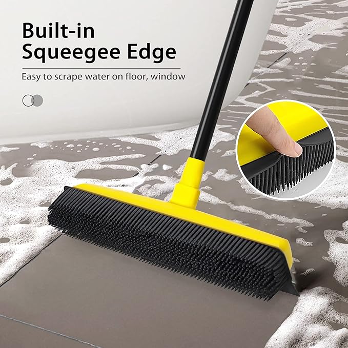 Rubber Broom with Squeegee, Pet Hair Removal 52.8 inches Long Handle, Push Fur Remover Tool with Portable Detailing Lint Brush for Fluff Carpet, Window, Tile, Hardwood Floor Cleaning (Yellow)