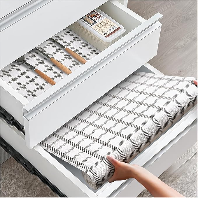 Drawer and Shelf Liner, Non-Slip Kitchen Cabinet Liners Non-Adhesive Thick Strong Grip Waterproof Washable Mats Protect Dresser Shelves Cupboard Bathroom Cabinets, White Stripes, 18IN X 30FT