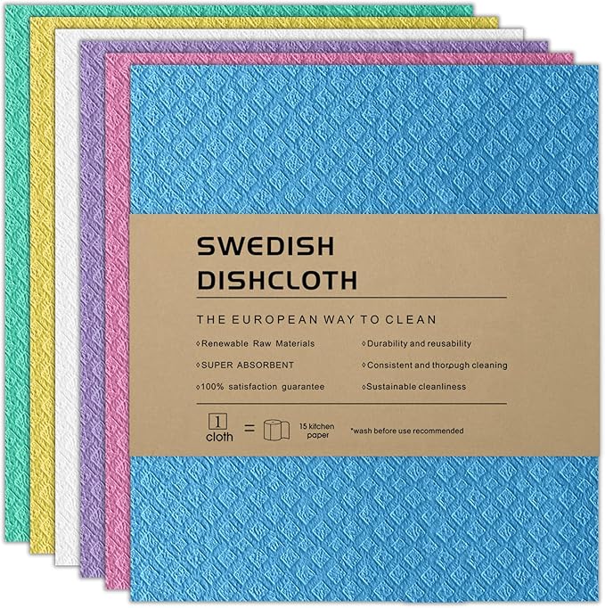 Swedish Dishcloths 6-Pack, Super Absorbent & Quick-Dry Reusable Dish Towels, Biodegradable Kitchen Sponge Cloths for Dishes, Countertops, Glass & Car