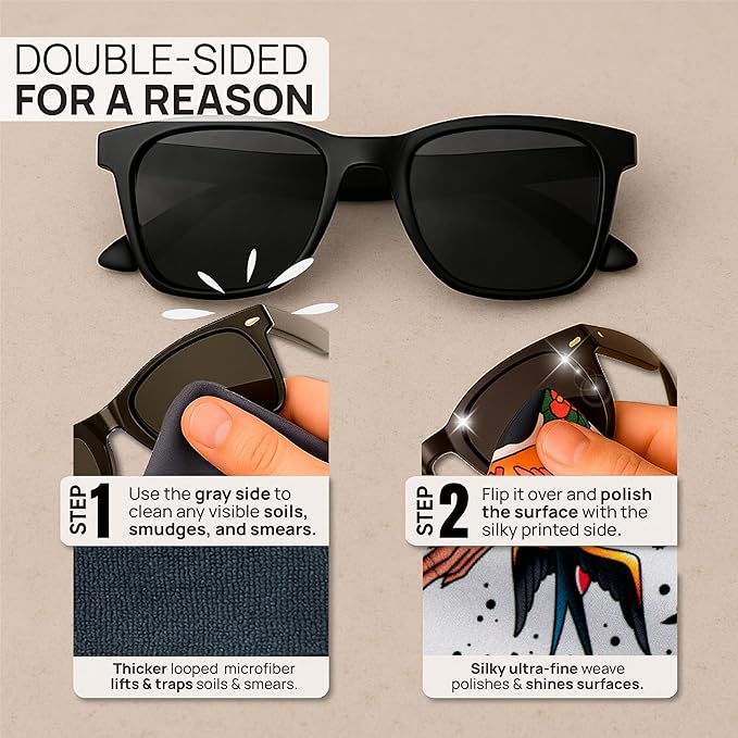 Quick Cloth Microfiber Glasses Cleaning Cloths – 5x7, Tattoo, 2 Pack with Case | Double-Sided Lens Cleaner for Eyeglasses, Camera, Screens & Glass | Reusable Microfiber Glass Polishing Cloths