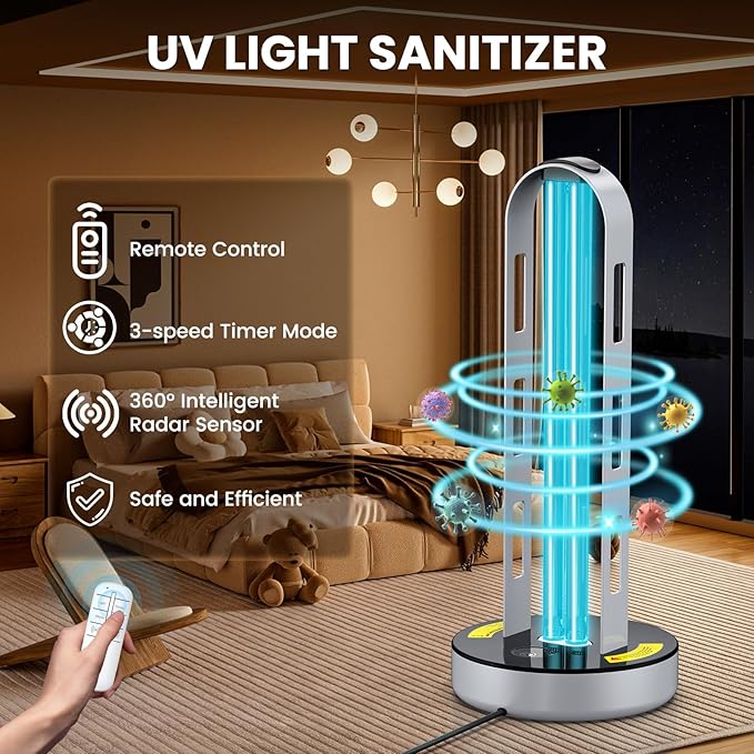 UV Light Sanitizer, 100W Ultraviolet Lamp with Remote Control for Bed Bugs and Dust Mites, Home Disinfection Device UV Lamp with Motion Sensor,3 Speed Timings for Home, Room & Kitchen