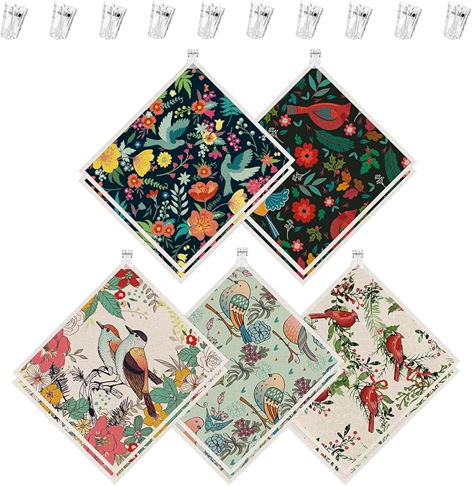 10PCS Swedish Dishcloths for Kitchen, Reusable Dish Rags for Washing Dishes with Clips, Non-Scratch Kitchen Towels and Dishcloths Sets, Washable Swedish Dish Cloths, No Odor(Birds Flowers)