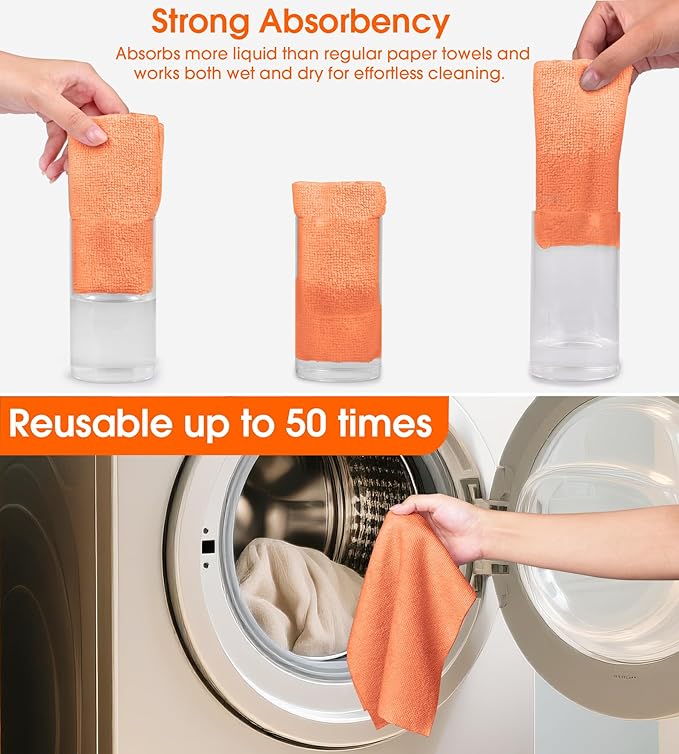 Microfiber Cleaning Cloth Roll–100 Pack, Tear Away Microfiber Towels, Reusable, Washable, Scratch-Free, Kitchen Towels for Car, Home, Kitchen, Glass, Dishes(Honey Orange)