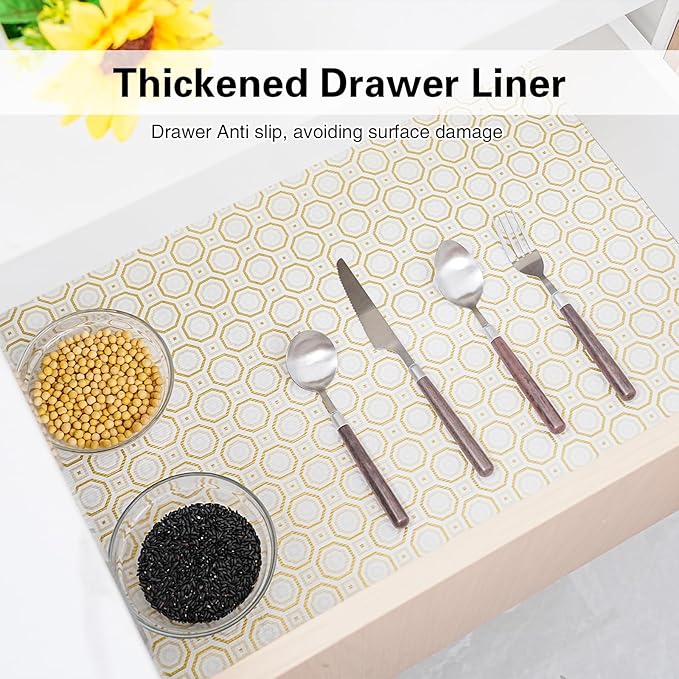 Drawer and Shelf Liner for Kitchen Cabinet,Non-Adhesive Cabinet Liner 18in x 20FT,Waterproof Shelf Paper Non-Slip Mats Cupboard Liners Contact Protect Dresser/Shelves/Table-Gold Octagonal