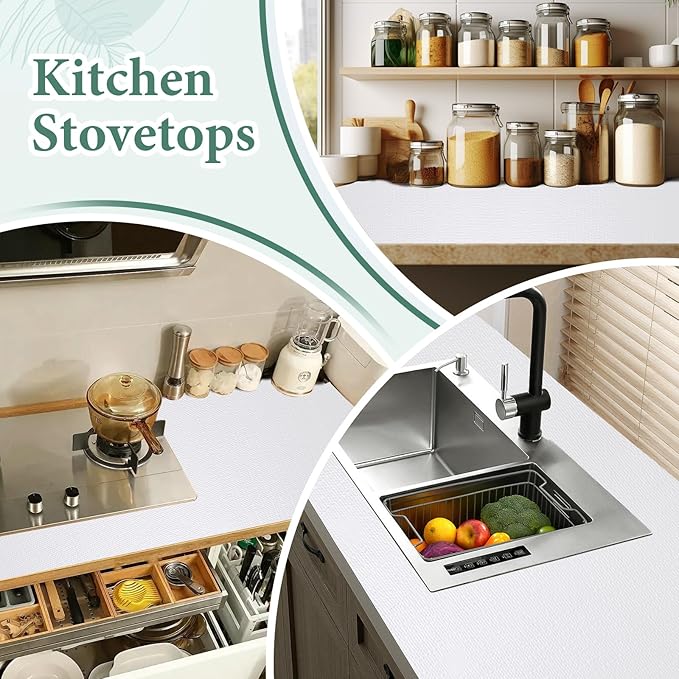 Drawer and Shelf Liner for Kitchen Cabinet: 12 in X 30 Ft Non Slip Waterproof Shelf Paper Non Adhesive Refrigerator Liners White Easy Liners for Bathroom Cupboard with Knife Tape Measure