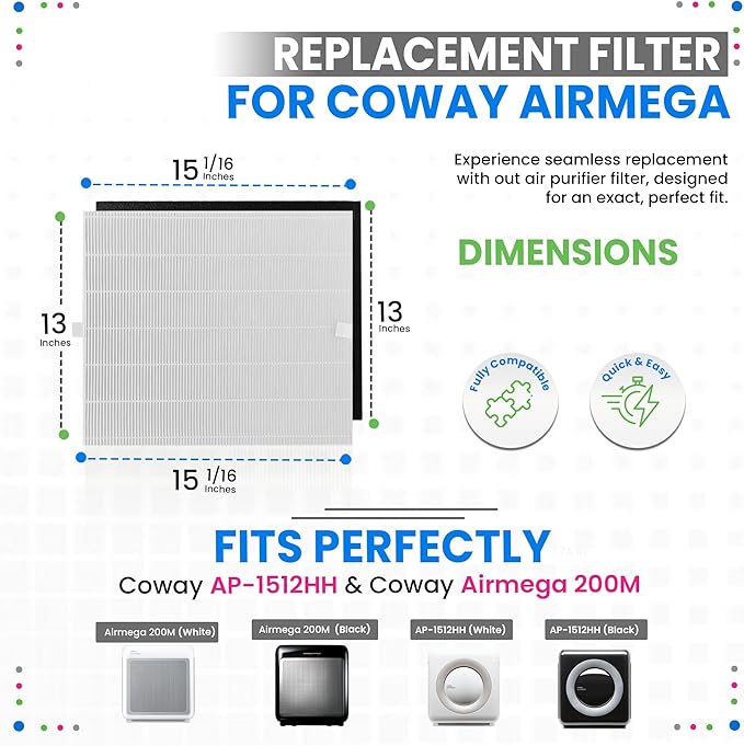 Bagean AP-1512HH Filter Compatible with Coway Airmega AP-1512HH & 200M Air Purifier - Fit Coway Filter Replacement - H13 True HEPA Filters Removes 99.97% particles Freshens the Air (3 HEPA + 6 Carbon)