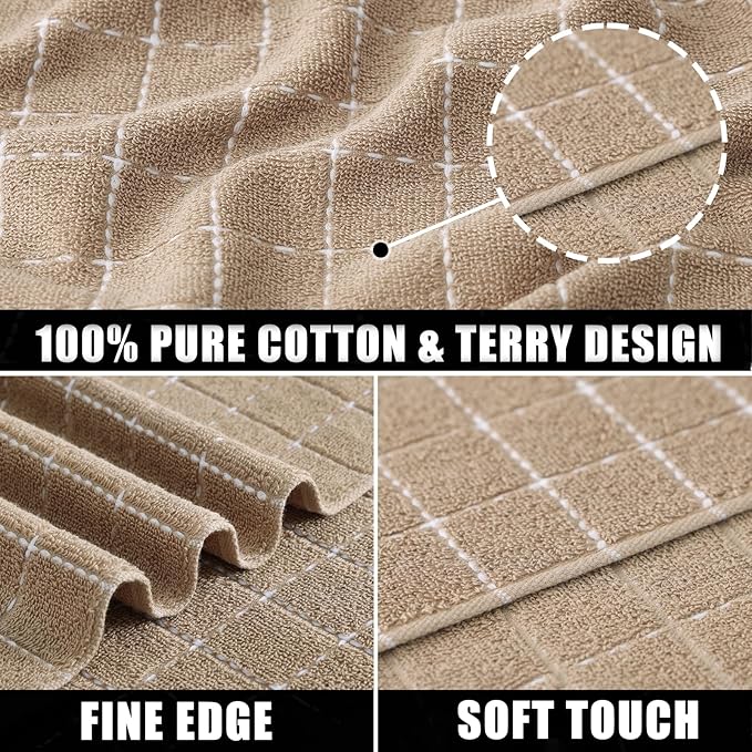 Mordimy 100% Cotton Terry Cloth Kitchen Towels, Super Soft and Absorbent Dish Towels for Drying, Checkered Designed Hand Towels for Kitchen, 16 x 26 Inches, 4 Pack, Tan