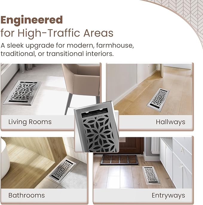 Floor Register 4x10 Vent Cover – Heavy-Duty Steel, Rustproof & Walkable Grates, Easy Drop-in Install, Adjustable Air Supply Switch - Decorative Floral Design, Brushed Nickel