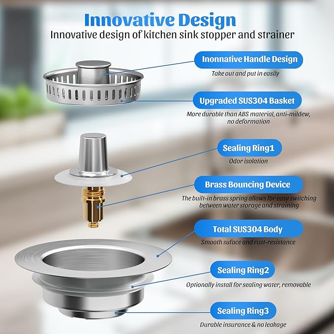 NinjaTiger Kitchen Sink Drain Strainer - 2-Pack Stainless Steel Sink Stopper 3-in-1 Pop-Up Sink Strainer with Anti-Clogging Basket Odor Filter Sink Drain Cover Plug for US Standard 3-1/2 Inch Drain
