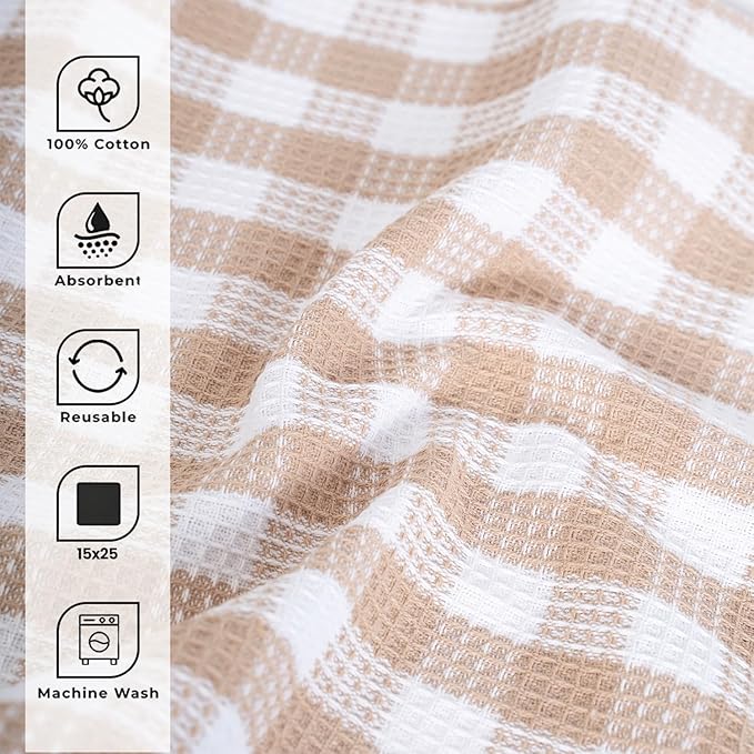 Blue Needles Waffle Weave Check Plaid Kitchen Towels, 15x25 Inches 100% Cotton Set of 4 Dish Towels for Kitchen, Ultra Soft & Absorbent for Quick Drying with Hanging Loop Spring Summer - Beige & White