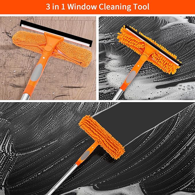 Window Washing Kit with Extension Pole, 73’’ Window Cleaning Squeegee Kit, 3 in 1 Window Cleaning Kit with 2 Microfiber Pads & 2 Chenille Pads for Indoor Outdoor Windows