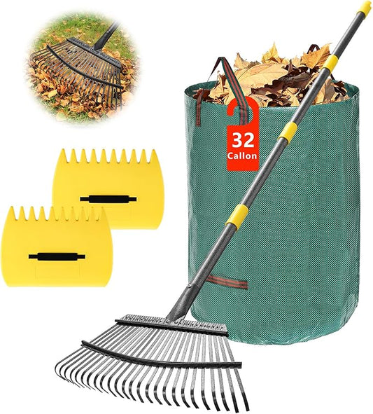 25-Tine Metal Leaf Rake Set with Adjustable Handle, 32-Gallon Bag & Leaf Scoops for Effortless Yard Cleanup, Heavy Duty Sturdy Garden Rake for Lawns, Backyard, Fall & Spring Cleaning 6FT