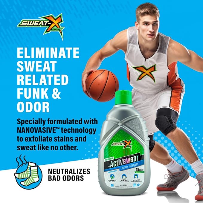 SWEAT X Original Activewear Laundry Detergent Liquid - Natural Washing Detergent for Activewear & Gym Clothes - Non Toxic Laundry Detergent for Sensitive Skin - Concentrated, 45 Loads (4 Bottles)