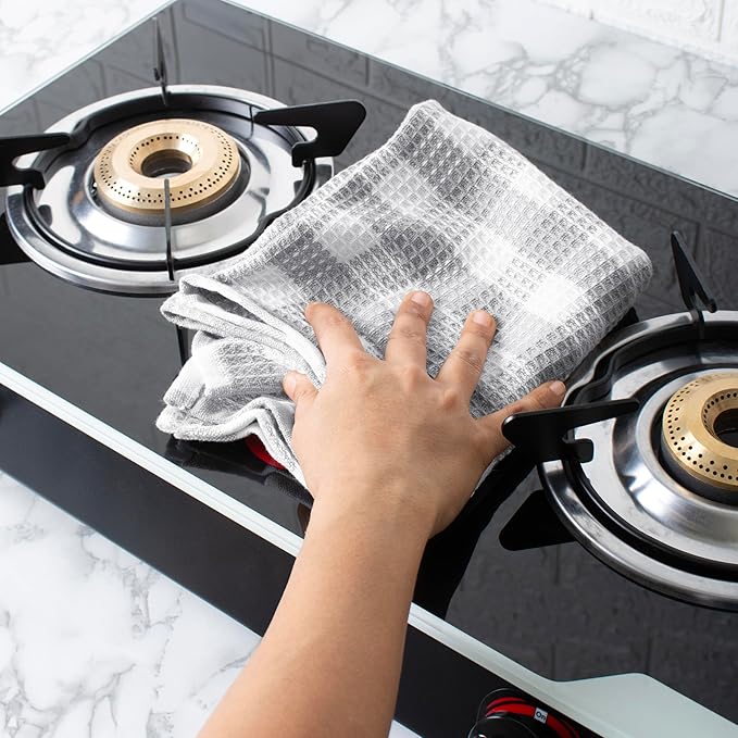 Blue Needles Waffle Weave Check Plaid Kitchen Towels, 15x25 Inches 100% Cotton Set of 4 Dish Towels for Kitchen, Soft & Absorbent for Quick Drying with Hanging Loop Spring Summer - Ash Grey & White