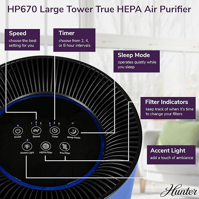 Hunter Fan Company HP670 Air Purifier for Allergies, Removes Dust, Smoke, Mold, and Pollen, Covers up to 195 Sq. Ft., Digital Tall Tower, Denim