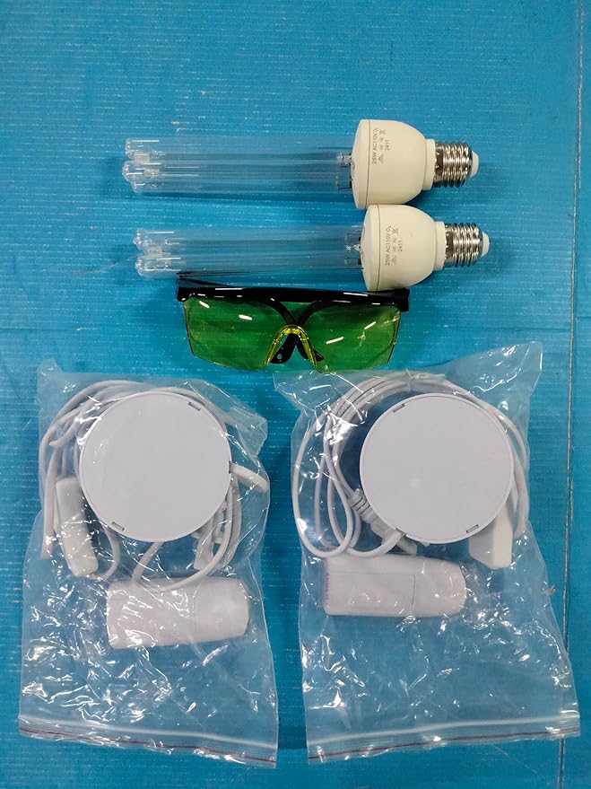 Qualirey 2 Pack 25 Watt UV Light Disinfection, UVC Light with E27 Base and Remote Control and UV Protection Glasses, Light Bulb for Basement/Bedroom/Kitchen, with Ozone