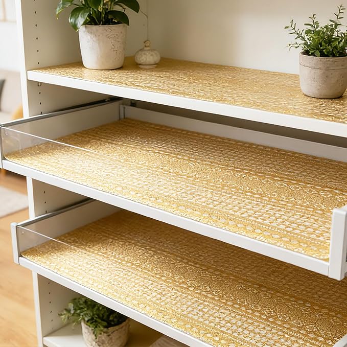 Drawer and Shelf Liner - Gold Geometric Lace Pattern,Non Adhesive Non Slip Waterproof Easy-Clean Shelf Liner for Kitchen Cabinet, Refrigerator, Bathroom, Pantry Storage Drawers, 12 in x 10 Ft