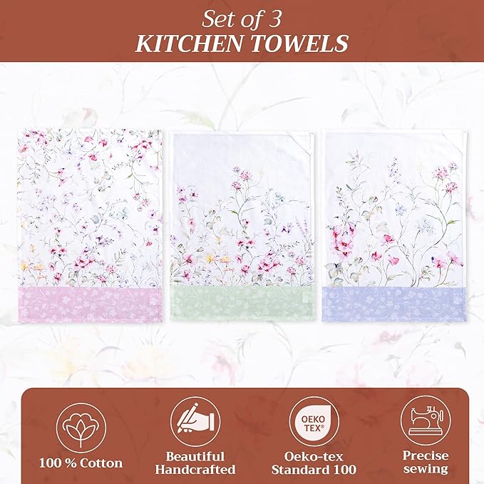Maison d' Hermine Kitchen Towels Set of 3 100% Cotton 27.50" x 20" Reusable Cloth Tea Dish Towels Absorbent with Hanging Loop for Kitchen, Home, Dining, Cocktail Parties Spring/Summer (Summer Floral)