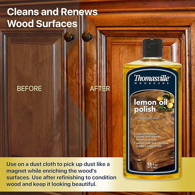 Thomasville LEMON OIL POLISH - Wood Cleaner & Furniture Polish, Cleans, Renews, Restores & Rejuvenates Surfaces, Protects Wood from Drying or Cracking, Leaves a Shiny Finish, 16oz