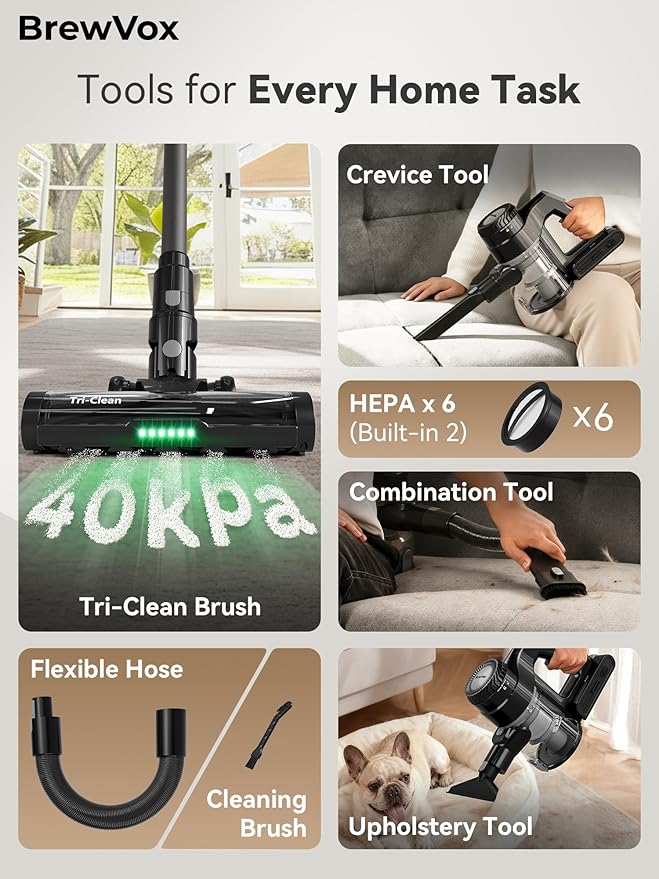 Telescopic Cordless Stick Vacuum Cleaner for Home Carpet & Pet Hair, 40kPa Powerful Suction, 450W Motor, 65 Min Runtime, 2.5H Quick Rechargeable for All Floors