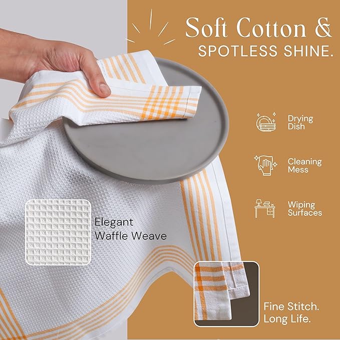 Waffle White & Mustard Yellow Set of 12 Kitchen Towels, 100% Cotton, 16x26 inches, Soft and Durable Dish Towel, Quick Dry Dishcloths, Ideal for Drying Dishes, Cleaning, Wiping