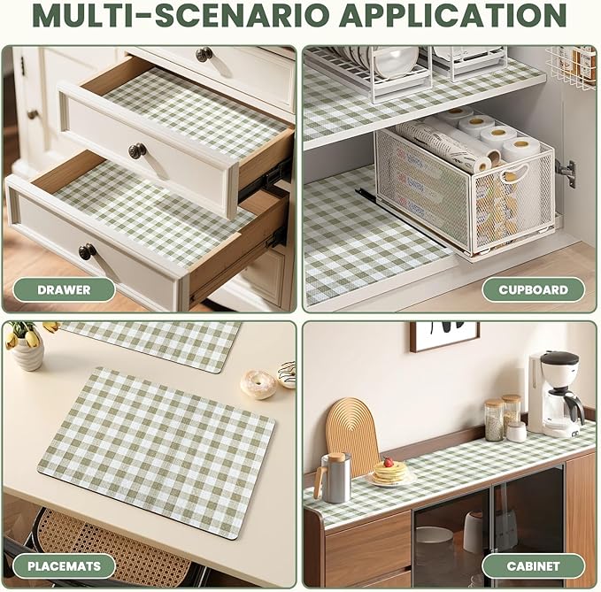 Drawer Liner and Shelf Liner for Kitchen Cabinet Liner Non-Adhesive Non-Slip Shelf Paper, Thick Strong Grip Waterproof Easy to Clean for Shelves, Cupboard, Desks, Green Plaid Pattern, 23.6 in x 30 FT