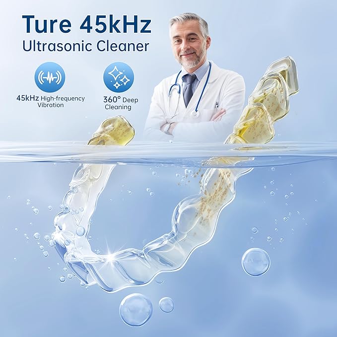45kHz Ultrasonic Retainer Cleaner Machine, 200ML Dental Deep Cleaning Pod for Dentures, Aligners, Invisalign, Mouth Guards, Night Guards, Jewelry, Toothbrush (Blue)