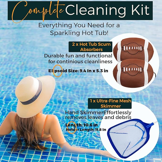 Hot Tub Scum Absorber Football ScumGuard Mesh - 2-Pack Oil & Scum Absorber for Spa, Hot Tub & Pool - Keeps Water Clear & Filters Protected - Includes Pool Net Skimmer & 2 Washable Football Absorbers