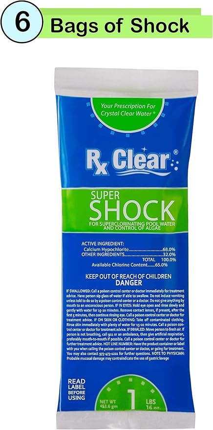 Rx Clear Super Shock for Swimming Pools | Chlorinator and Algaecide | 68% Calcium Hypochlorite Shock | Kill Pool Algae for a Crystal Clear Pool | One Pound Bags | 6 Pack