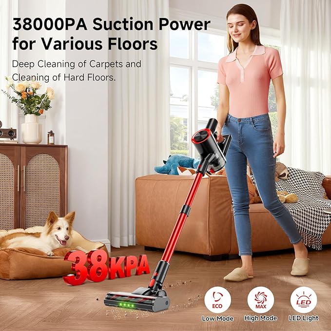 Cordless Stick Vacuum Cleaner, 38Kpa Powerful Suction Vacuum Cleaner with LED Headlight, Detachable Battery, 8-in-1 Lightweight Handheld Vacuums for Pet Hair Carpet and Hardwood Floor, Red