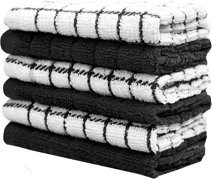 Bumble Premium Cotton Dish Cloths 12" x 12"| Black Design | 405 GSM | Highly Absorbent & Soft Dish Towels | 100% Natural Ring Spun Cotton Kitchen Towel Set - 6 Pack