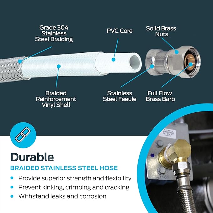 Eastman 4 Ft. Dishwasher Installation Kit, Braided Stainless Steel Supply Line with 3/8 Inch Compression Ends, 41037