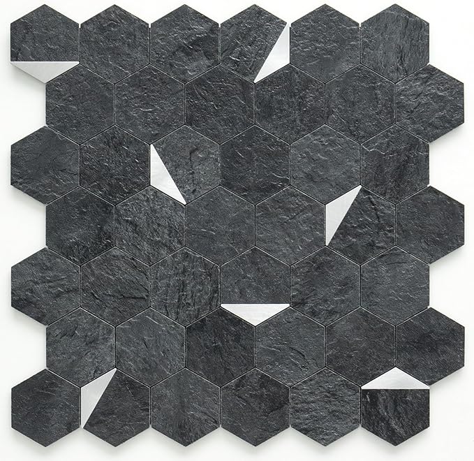 DICOFUN Hexagon Tile Mixed Metal Peel and Stick Backsplash, Self Adhesive Mosaic Tiles for Kitchen and Bathroom (1, Black Slate and Silver)