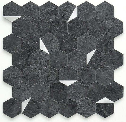 DICOFUN Hexagon Tile Mixed Metal Peel and Stick Backsplash, Self Adhesive Mosaic Tiles for Kitchen and Bathroom (1, Black Slate and Silver)