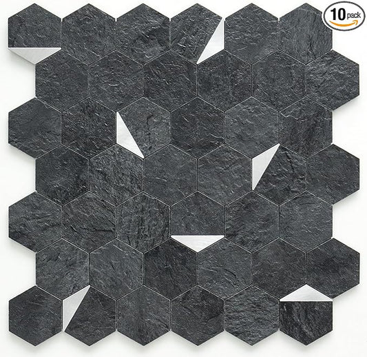 DICOFUN Hexagon Tile Mixed Metal Peel and Stick Backsplash, Self Adhesive Mosaic Tiles for Kitchen and Bathroom (10, Black Slate and Silver)