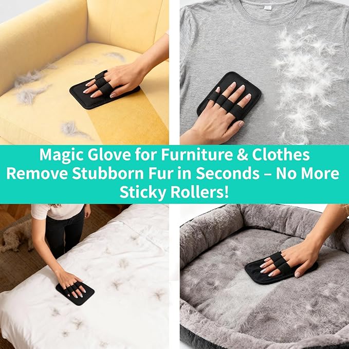 Pet Hair Removal Rubber Broom & Carpet Rake with Squeegee – 51” Adjustable Handle Cat & Dog Hair Remover Tool for Rugs, Hardwood, Tile, Cat Litter & Windows – Includes 2 Pack Grooming Gloves