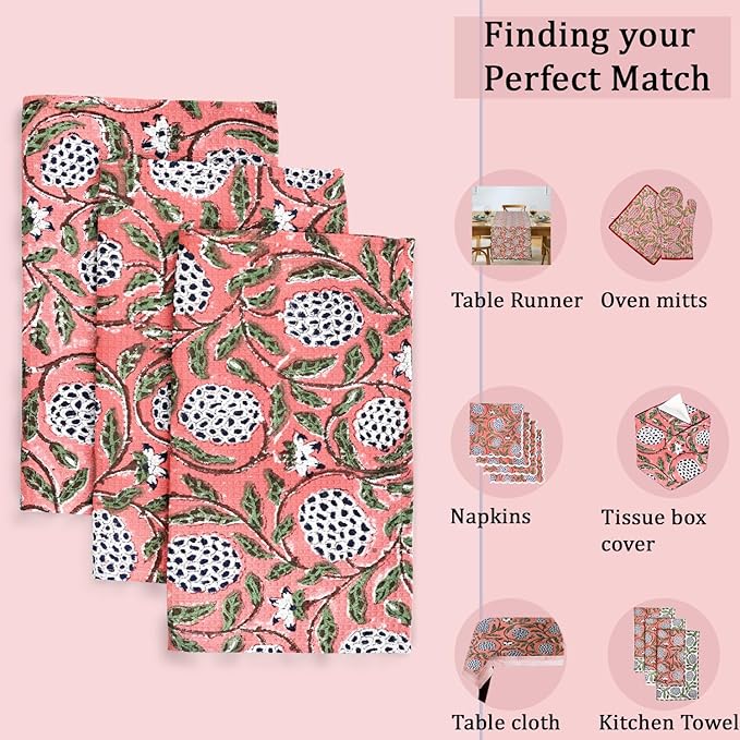 Ridhi Dark Salmon Pink Hand Block Print Cotton Waffle Dish Cloth Set of 6-12x12 Inch Super Absorbent, Soft, Reusable Kitchen Towels for Dish Drying Cleaning, Ideal for Spring, Easter, Valentine