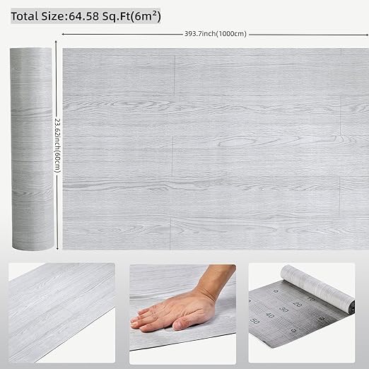 3D Peel and Stick Floor Tile Vinyl Roll Wood Plank Sticker 23"x393"/64 Sq.Ft, for Home Apartment Room Self Adhesive Easy DIY Removable Waterproof Thicken Floor Covering Gray Wood