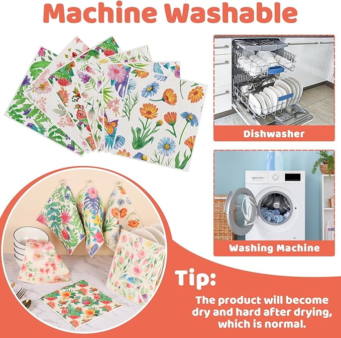 6 Pack Swedish Dishcloths for Kitchen, Swedish Rags Absorbent Floral Dish Cloths Dish Towels with Adhesive Clips, Reusable Paper Towels No Odor for Cleaning Kitchen Valentines Gifts for Women