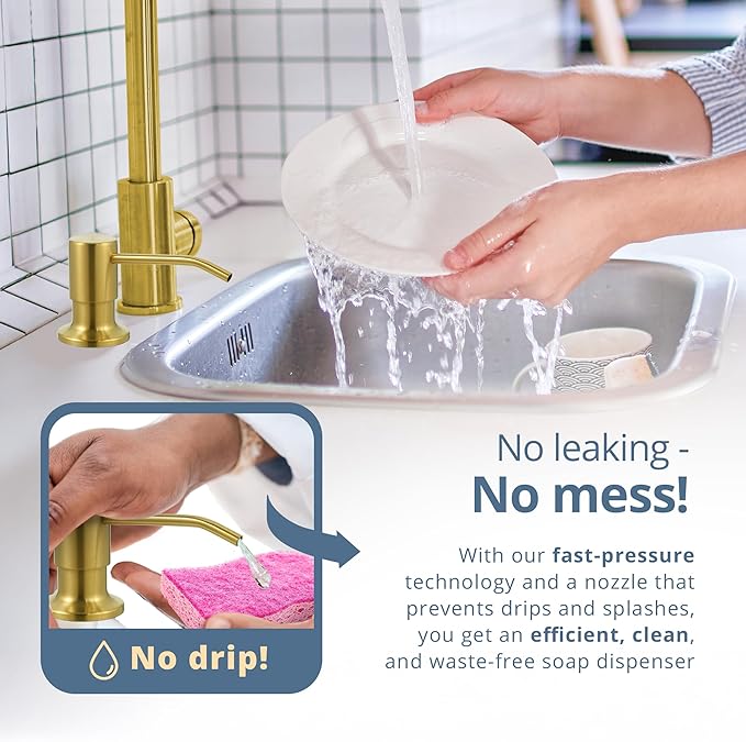 SBEN Built-in Kitchen Sink Soap or Lotion Dispenser Set, Stainless Steel, Gold Brushed Pump, 17 oz PET Bottle, Durable ABS Head, 360° Rotation (Gold Brushed)