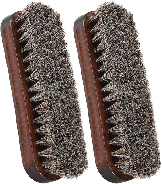 Horsehair Shoes Shine Brush, Soft Horse Hair Bristles Leather Clean & Care Brushes with Comfortable Grip for Shoes, Boots, Coats and Bags - 2 Pack
