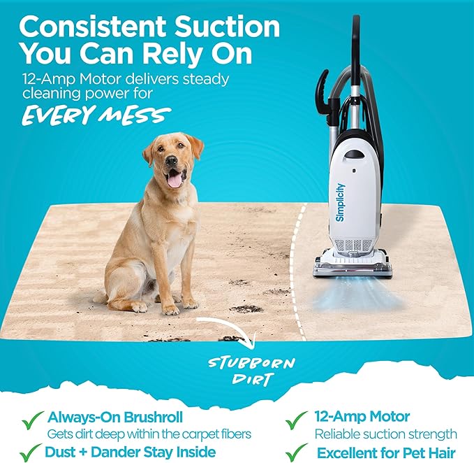 Simplicity Vacuums Allergy Upright Bagged Vacuum Cleaner and Pet Hair Remover Upholstery Tool Bundle, Lightweight Vacuum Cleaner for Floor and Carpet, Certified HEPA Filter and Bag Included