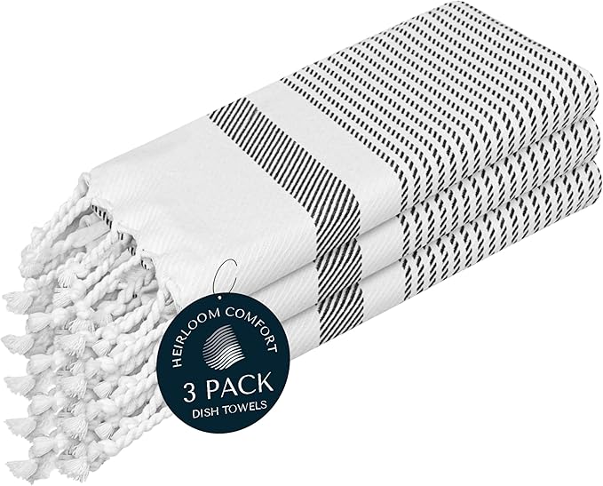 Black Turkish Kitchen Towels 16x26 Inch, 3 Pack, 100% Cotton, Ultra Absorbent, Soft, Fast Dry, Machine Washable, Dish Towel with Tassels for Drying Dishes, Cleaning, Everyday Use