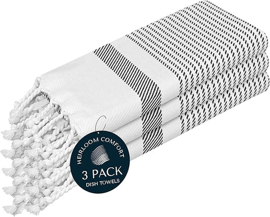 Black Turkish Kitchen Towels 16x26 Inch, 3 Pack, 100% Cotton, Ultra Absorbent, Soft, Fast Dry, Machine Washable, Dish Towel with Tassels for Drying Dishes, Cleaning, Everyday Use
