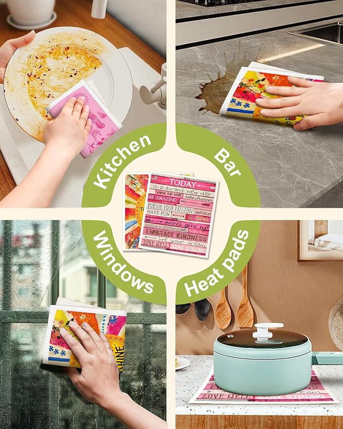 6 Pack Swedish Dishcloths for Kitchen - Reusable Dish Cloths for Washing Dishes Absorbent Cute Funny Kitchen Towels Cleaning Sponge, Positive Words