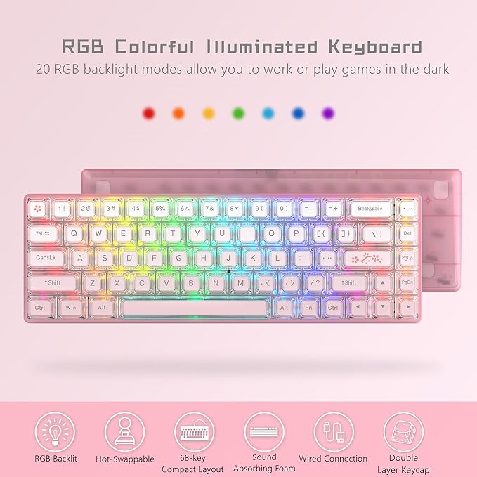 Womier 60% Keyboard Gaming Pink - Wired Creamy Mechanical Keyboard, WK68 Hot-Swappable RGB Custom Mini Key Board with Arrow Keys/Software Supported, Prelubrication Linear Switch (WK68-Pink)