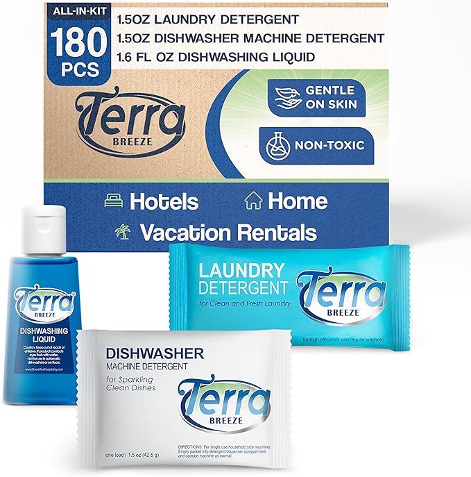 Travel Laundry Detergent & Dish Soap | Terra Breeze 1-Shoppe Amenities Kit | Dish Soap, Laundry Soap | 180 Pieces